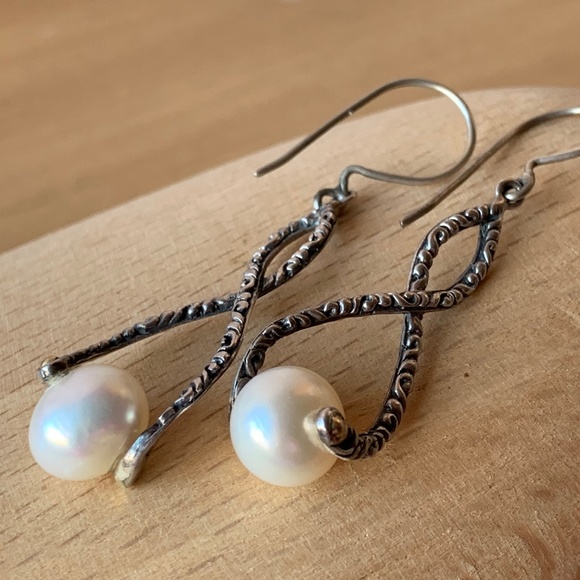 VINTAGE 925 SS 18K GOLD PEARL DANGLE DROP LONG EARRINGS DESIGNER